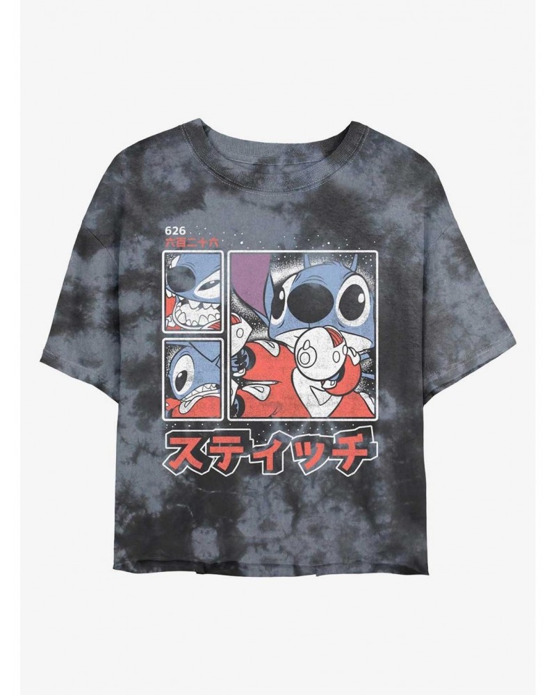 Disney Lilo & Stitch Pew Pew Japanese Lettering Tie-Dye Girls Crop T-Shirt $7.17 T-Shirts