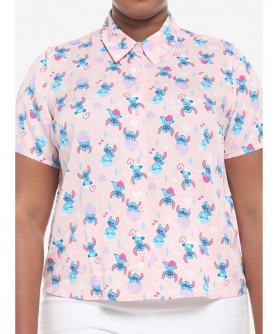 Disney Lilo & Stitch Hearts Pink Girls Woven Button-Up Plus Size $10.50 Button-Up