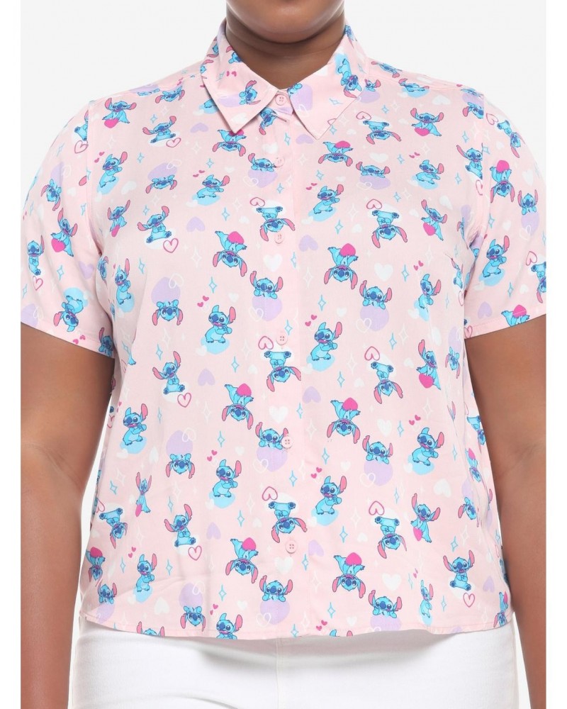 Disney Lilo & Stitch Hearts Pink Girls Woven Button-Up Plus Size $10.50 Button-Up