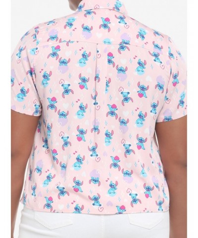 Disney Lilo & Stitch Hearts Pink Girls Woven Button-Up Plus Size $10.50 Button-Up